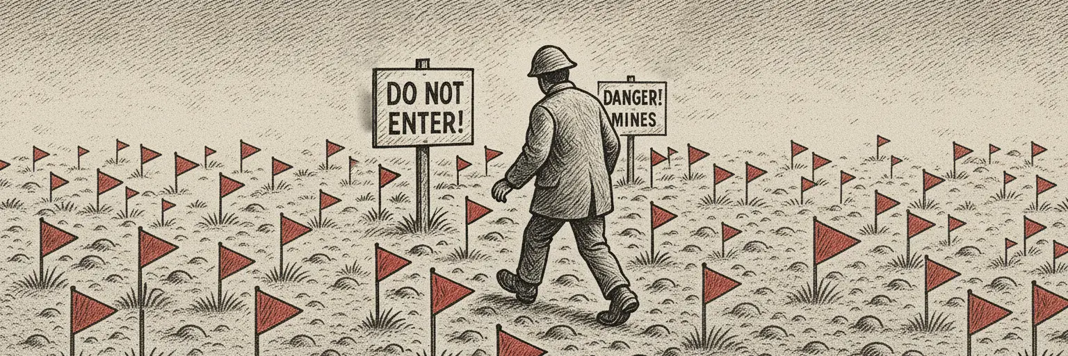 Red flags and walking on eggshells illustration